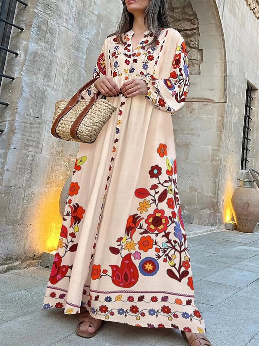 Aiertu  -  Women s Elegant Floral Print V-Neck Long Sleeve Maxi Dress with Flowy Silhouette for Casual Fall Style Aiertu