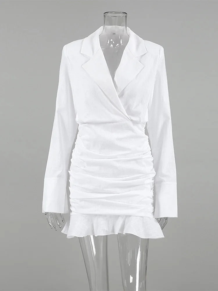 Aiertu  -  Cotton Linen Ruffle Dress Solid Color Suit Collar Deep V Fake Two Pieces Slim Fit Fashion Slimming Short Wrap Hip Dresses Spring Aiertu