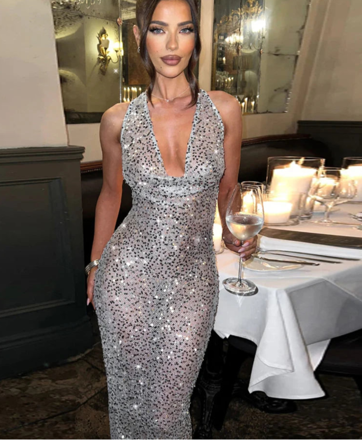 Aiertu Shiny Sequins Sexy Women Long Dress Stunning Halter Lace Up Swinging Neck Backless Sheath Vestidos Female Club Party Robe Aiertu