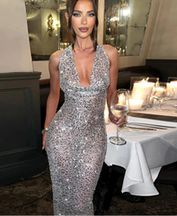 Aiertu Shiny Sequins Sexy Women Long Dress Stunning Halter Lace Up Swinging Neck Backless Sheath Vestidos Female Club Party Robe Aiertu
