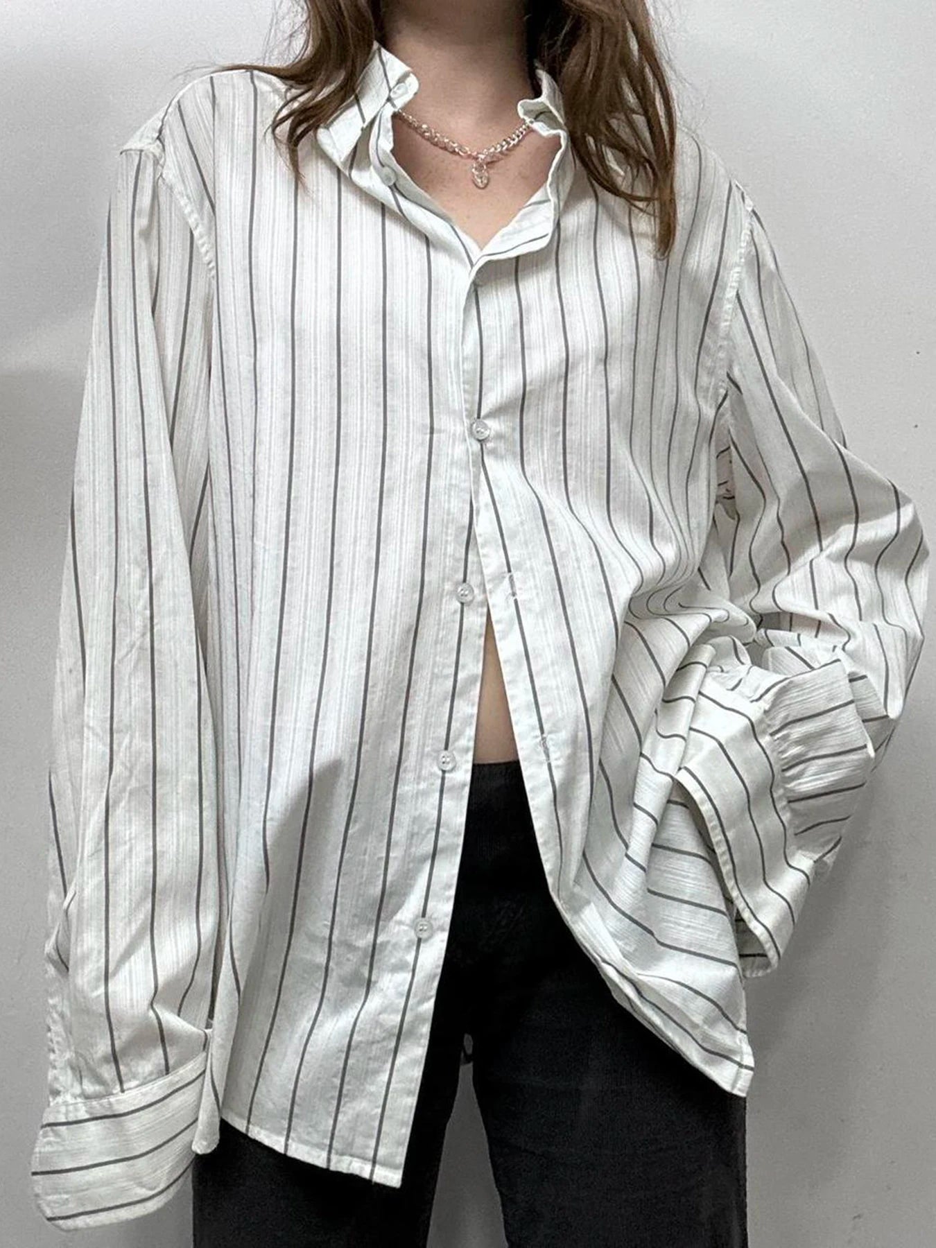 Aiertu  Striped Print Loose Shirt for Women Casual Single-breasted Oversized Blouses Streetwear Fashion Turn-down Neck Top Aiertu