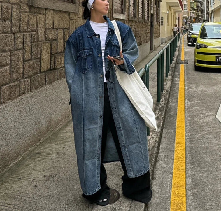 Aiertu  -  Street Style Gradient Long Denim Jacket Women Shoulder Pads Long Sleeves Lapel Button Down Oversize Coat Retro Clothes Aiertu