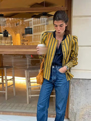 Aiertu  -  Elegant Striped Puff Sleeve Coat For Women Single Breasted O-neck Female Shirt Jacket 2026 Spring Fashion Office Lady Streetwear Aiertu