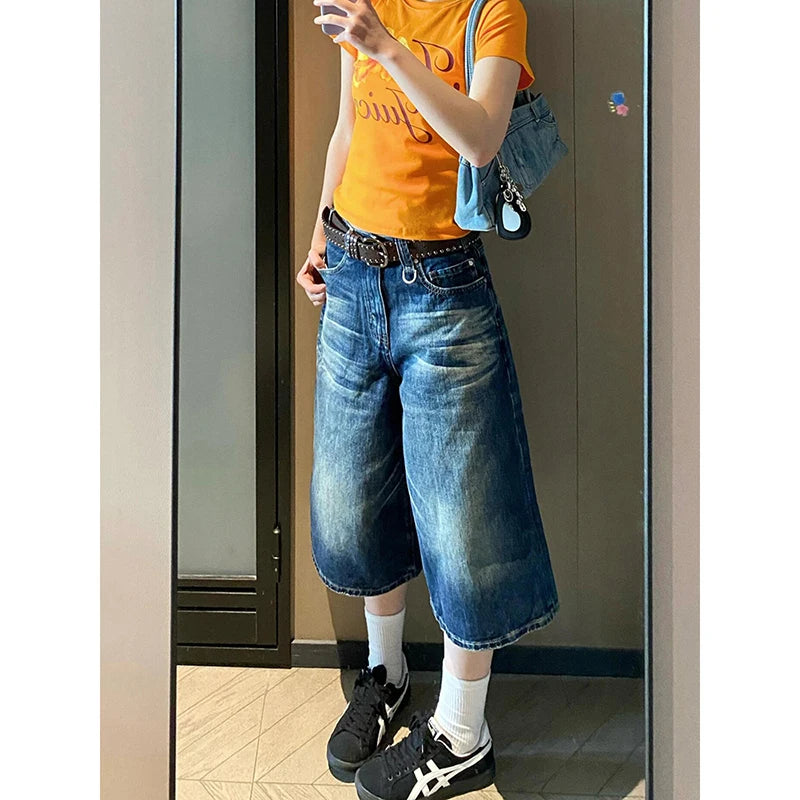 Aiertu  Vintage Y2K Wash Whiskers Denim Shorts Women High Waist Distressed Frayed Wide Leg Baggy Jeans Jorts Casual Summer Clothes Aiertu