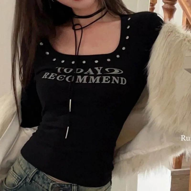 Aiertu  New American Vintage Square Collar Long Sleeve Tees Letter Print All Match Streetwear Women Shirt Sexy Slim Long Sleeve Top Aiertu