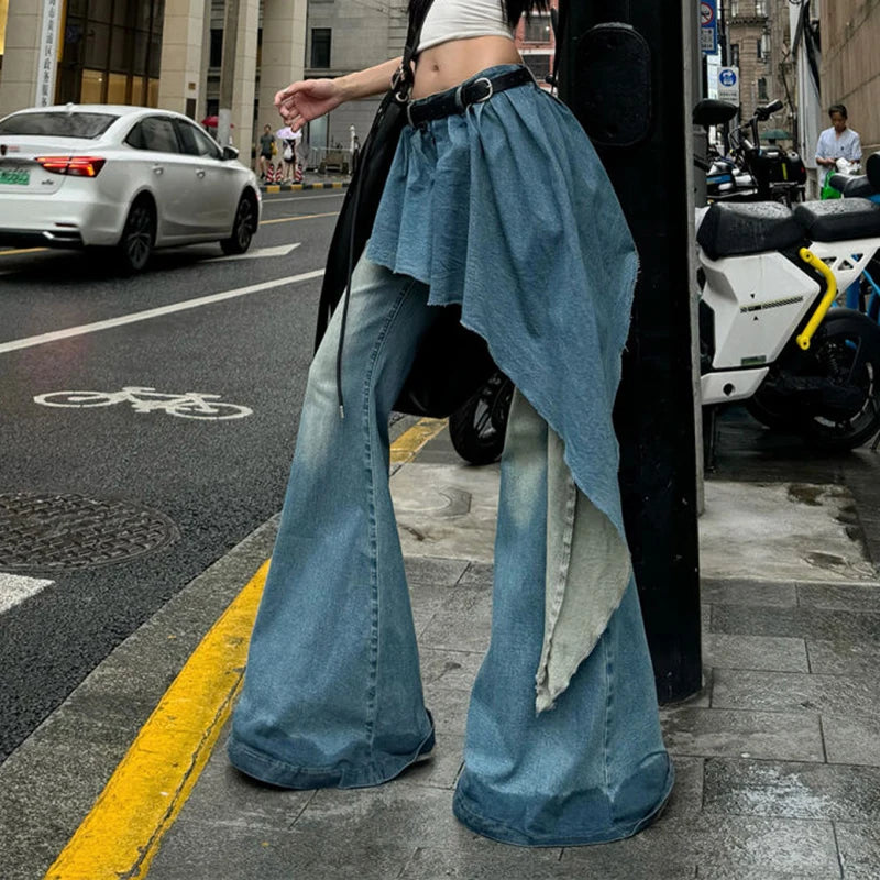 Aiertu Blue Fake Two-piece Jeans Female Autumn and Winter New Retro Niche Design Sense Irregular Skirt Flared Pants Wide-leg Pants Aiertu
