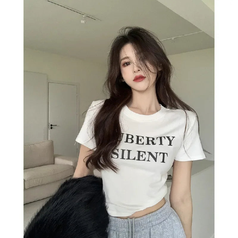 Aiertu  -  Short Sleeved T-shirt Women's Short Base Shirt 2026 Spring and Summer Slimming Slim Fit Letter White Student Top Female Clothes Aiertu