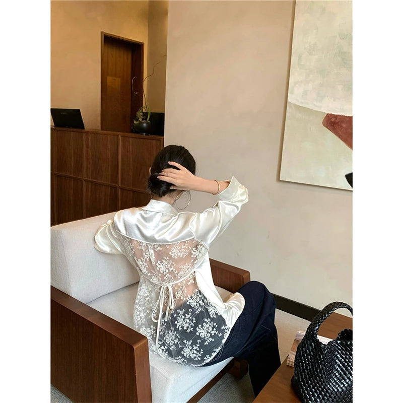 Aiertu  Elegant Shirts Women Vintage Sexy Lace Backless Bandage Blouses Summer Korean Hollow Out Long Sleeve Design Casual Tops Aiertu