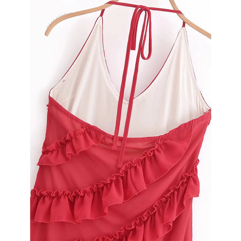 Aiertu  -  High Street Women Sexy Backless Red Halter Ruffle Dress Summer Elegant Party Long Dresses A-line Maxi Vestidos Aiertu