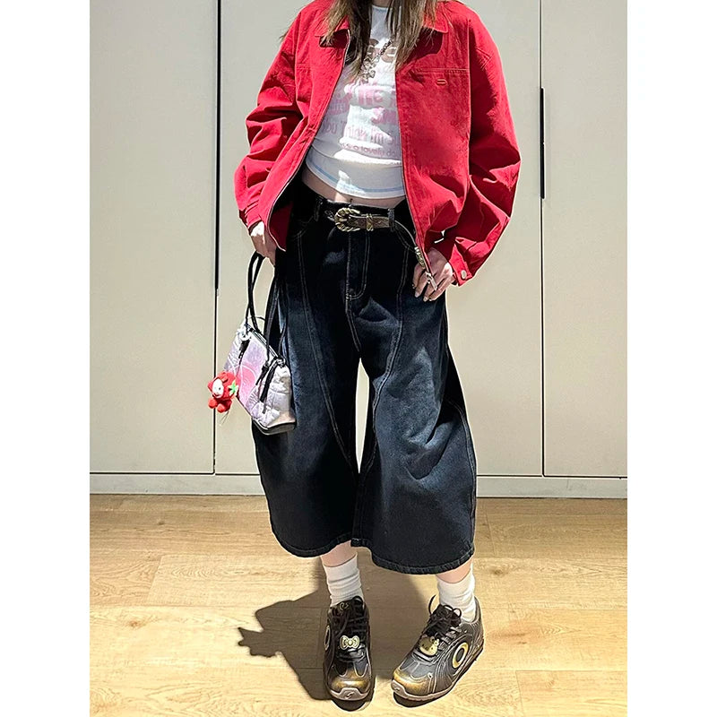 Aiertu  -  Blue Women's Retro Y2K 2000s Wide Leg Baggy Casual Denim Trouser High Waist Shorts Jeans 2025 Summer Harajuku Calf-Length Pants Aiertu