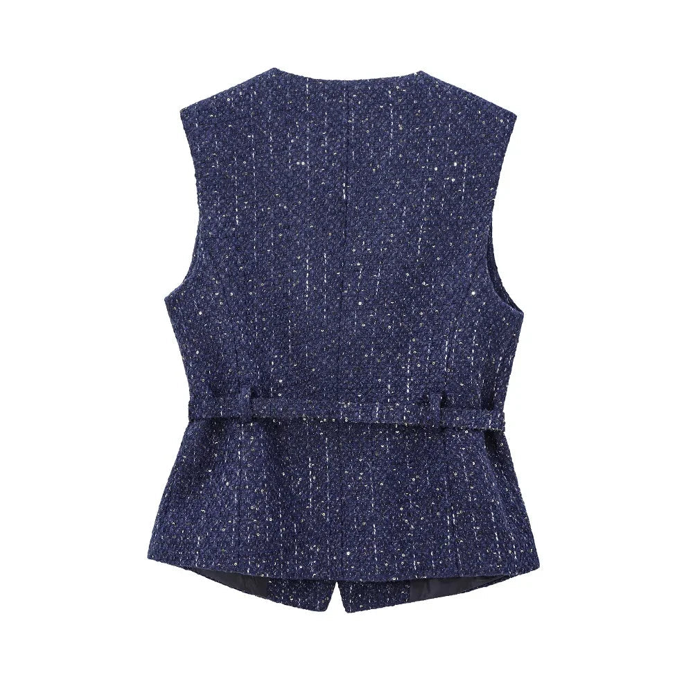 Aiertu  -  Women Blue Tweed Waistcoat With Belt Sleeveless Female Outerwear PS0138 Aiertu