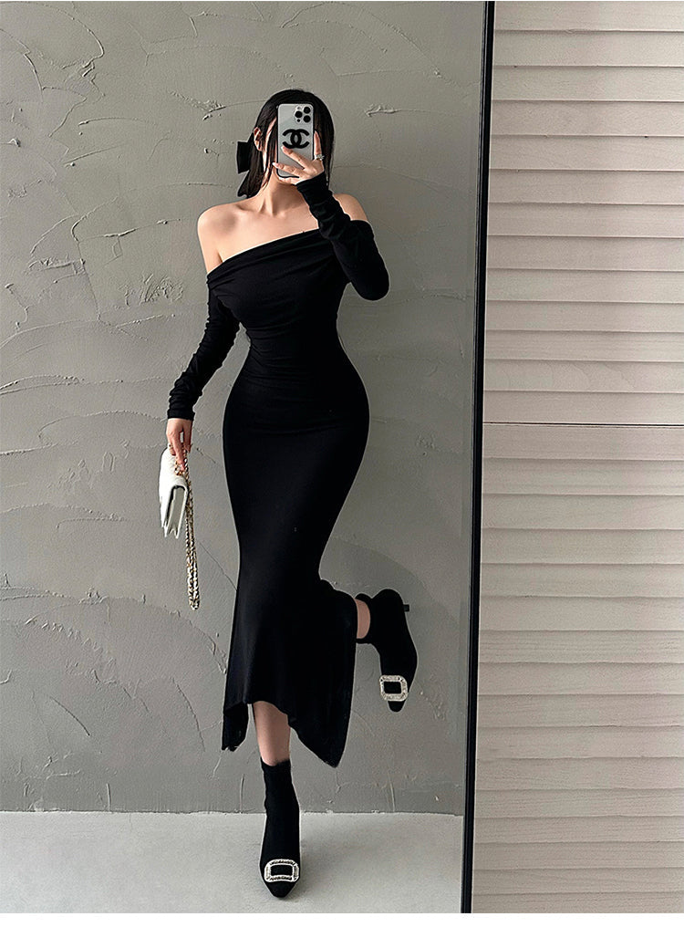 Aiertu Solid Color Slim Off The Shoulder Long Sleeve Dress Aiertu