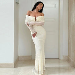 Aiertu  -  party look snspos Elegant Off Shoulder Long Dress Women's Solid Sexy Hollow Party Evening Gown Slim Long Sleeve Patchwork Long Dress Y2k Aiertu