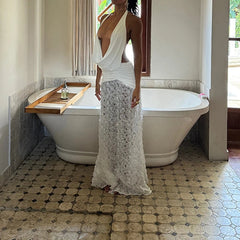 Aiertu  -  Elegant 3D Floral Swinging Collar Long Dresses Women Retro White Backless Ruched Lacing 2025 Chic Lady Party Club Gown Robe Aiertu