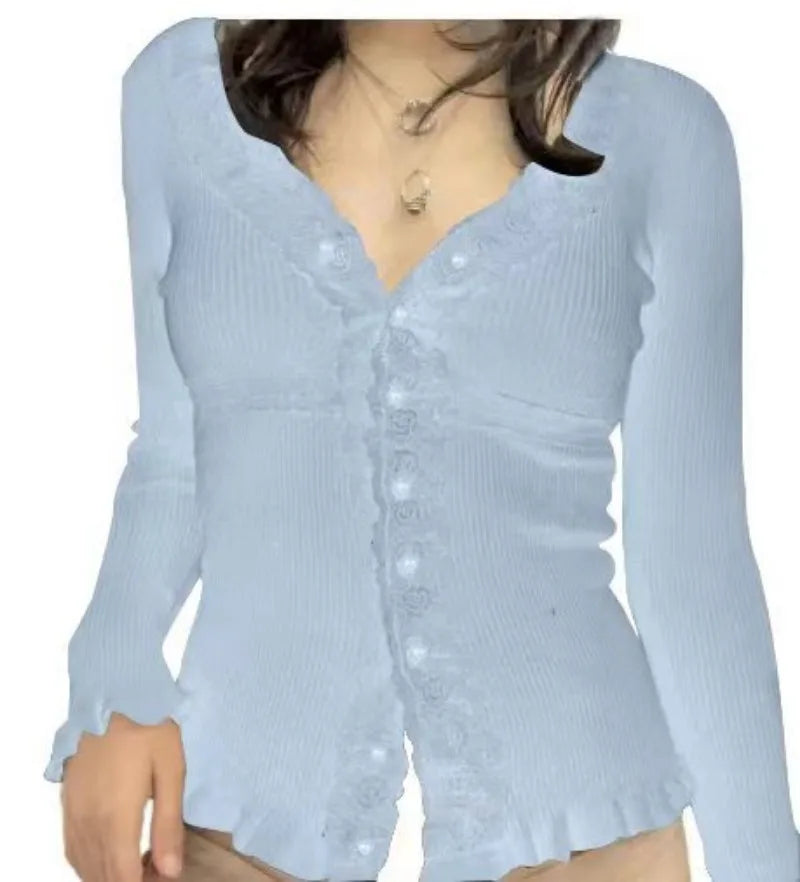 Aiertu  -  French Elegant Patchwork Lace Buttons Women Sweatshirts American Vinateg Popular Slim Knitted Cardigan Y2k Aesthetic Clothes Aiertu