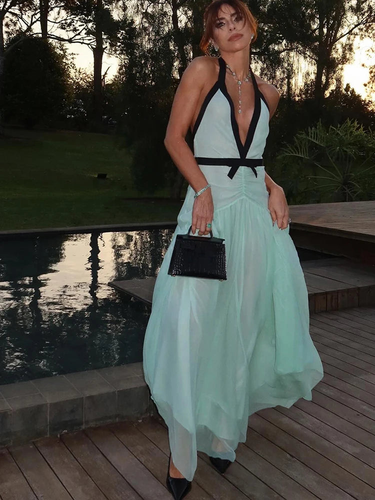 Aiertu  -  Women's French Classic Maxi Dress Panelled Trim Halter Deep V-neck Backless Pleated Long Robe Lady Elegant Evening Robe Aiertu
