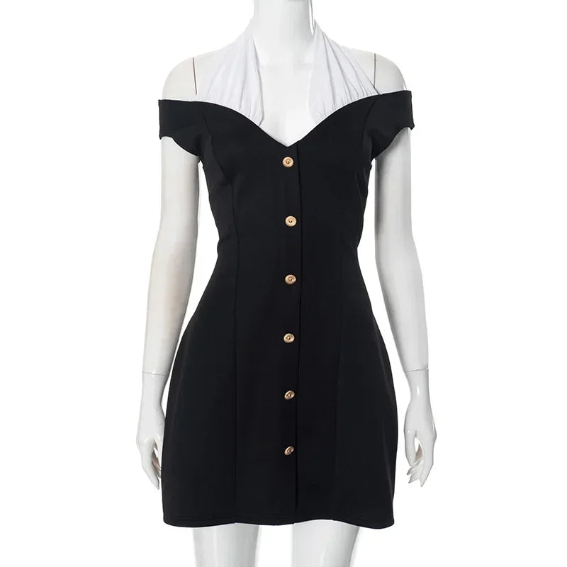 Aiertu  -  Black White Contrast Single Breasted Sleeveless Dress Women Fashion Off Shoulder Bodycon Halter Dresses Autumn Sexy Party Robes Aiertu