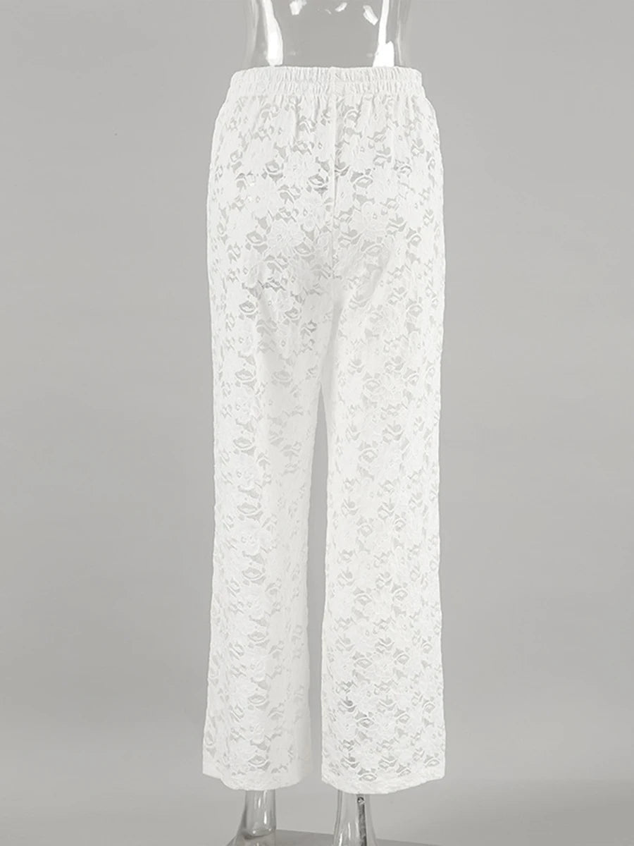 Aiertu  -  White Lace Jacquard Sheer Wide Leg Pant Women Drawstring High Waist Transparent Trouser Summer Sexy Casual Chic Bohemian Trouser Aiertu