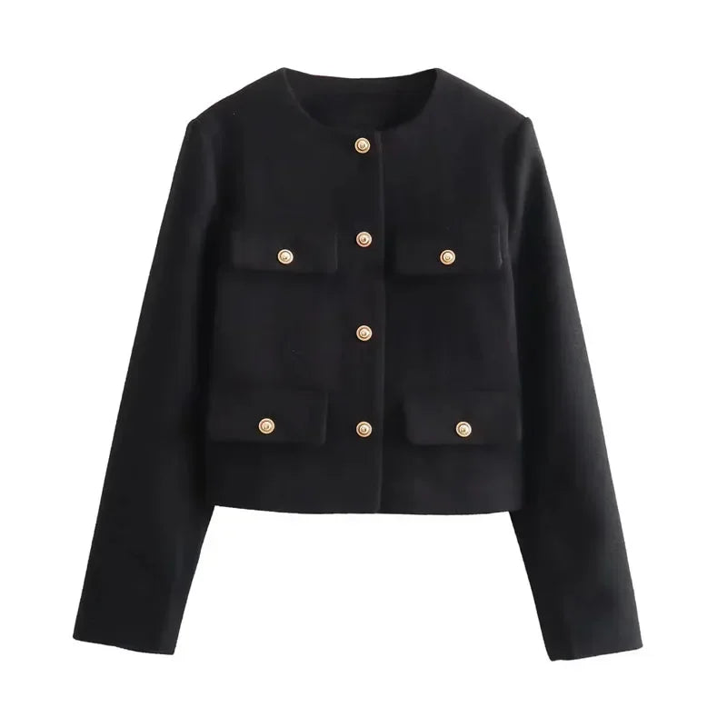 Aiertu  -  New Retro Fashion Women Coarse Tweed Round Neck Long Sleeved Jacket Winter Korean Elegant Lady Long Sleeved Button Short Jacket Aiertu