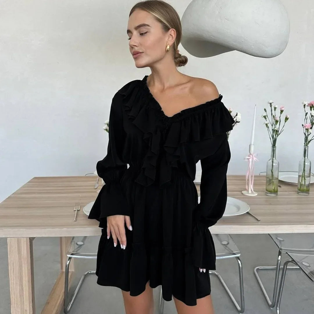 Aiertu  -  2026 Fall V-neck Flare Sleeve Ruffles Short Dresses Streetwear Women's High Waist Lace-up Tunics Ruched A-line Pink Party Dress Aiertu