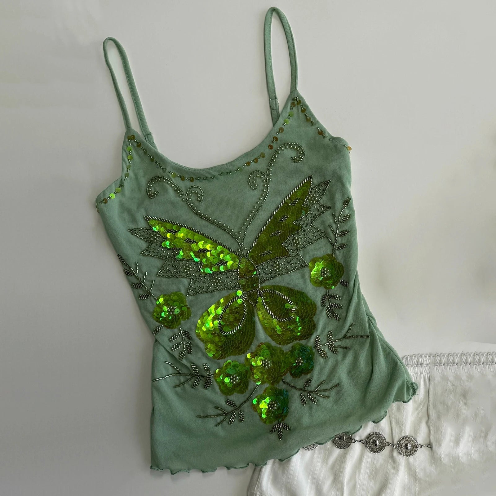 Aiertu  -  Y2k Women Sequin Tank Top Spathetti Strap Rhinestone Shirt Sparkle Glitter Butterfly Cami Crop Tops Going Out Streetwear Aiertu