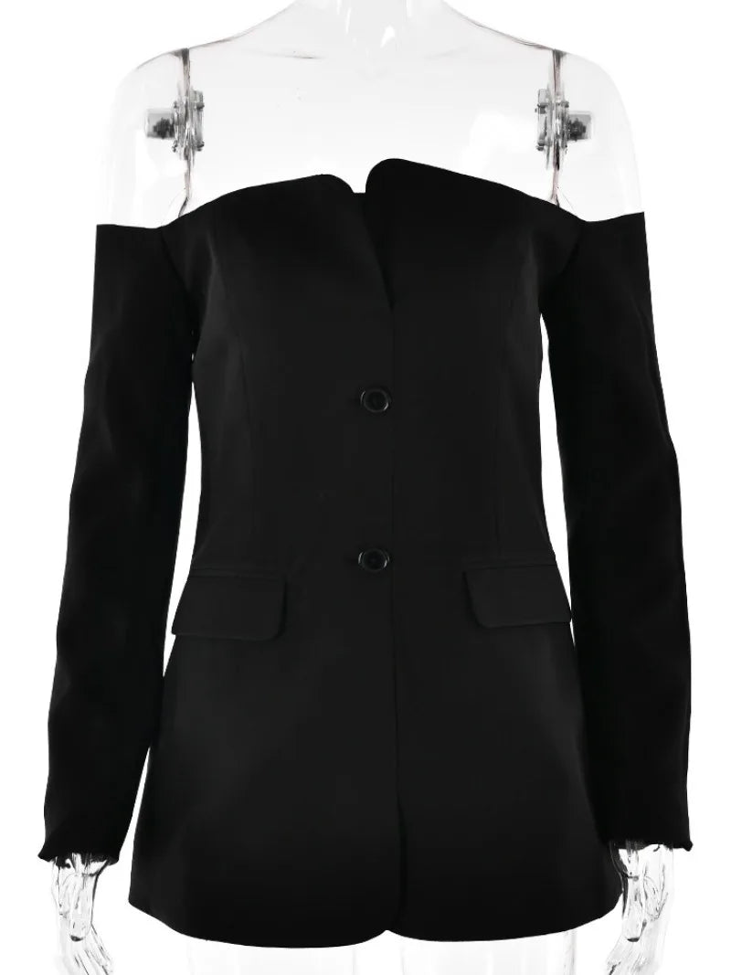 Aiertu  -  2026 Fashion Slash Neck Long Sleeve Mini Party Dress Women's Elegant Chic Single Breasted Slim Short Blazer Dresses High Street Aiertu