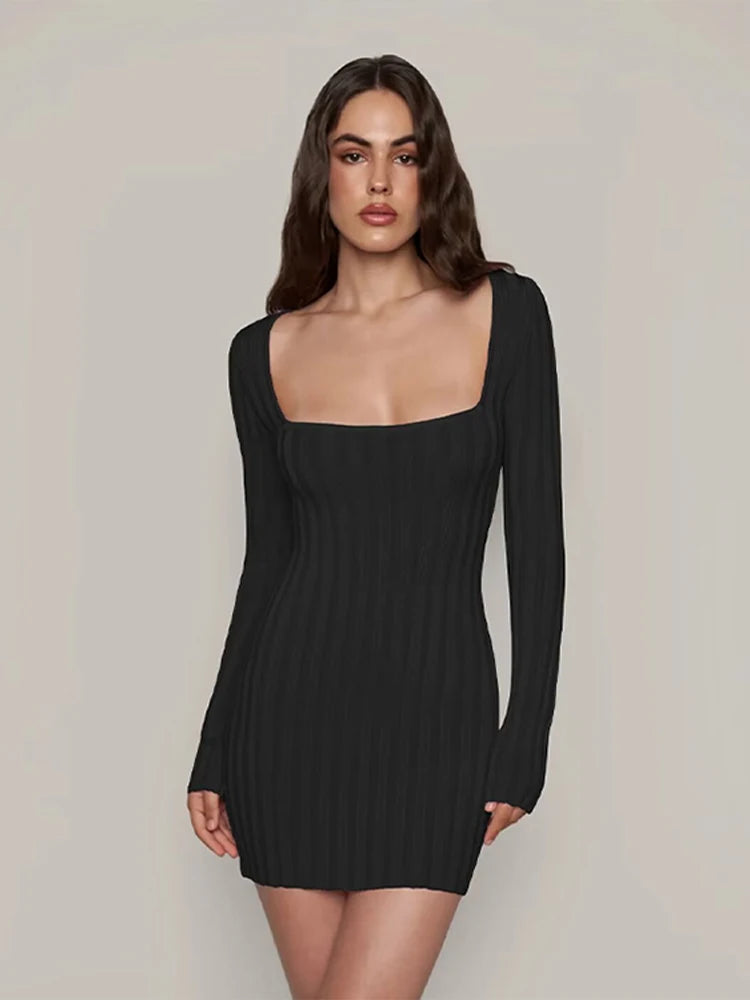 Aiertu  -  Knitted Square Collar Women Dresses Long Sleeve Hip Package Lady Dress 2026 Fashion Elegant Sexy High Waist Slim Lady Mini Robe Aiertu