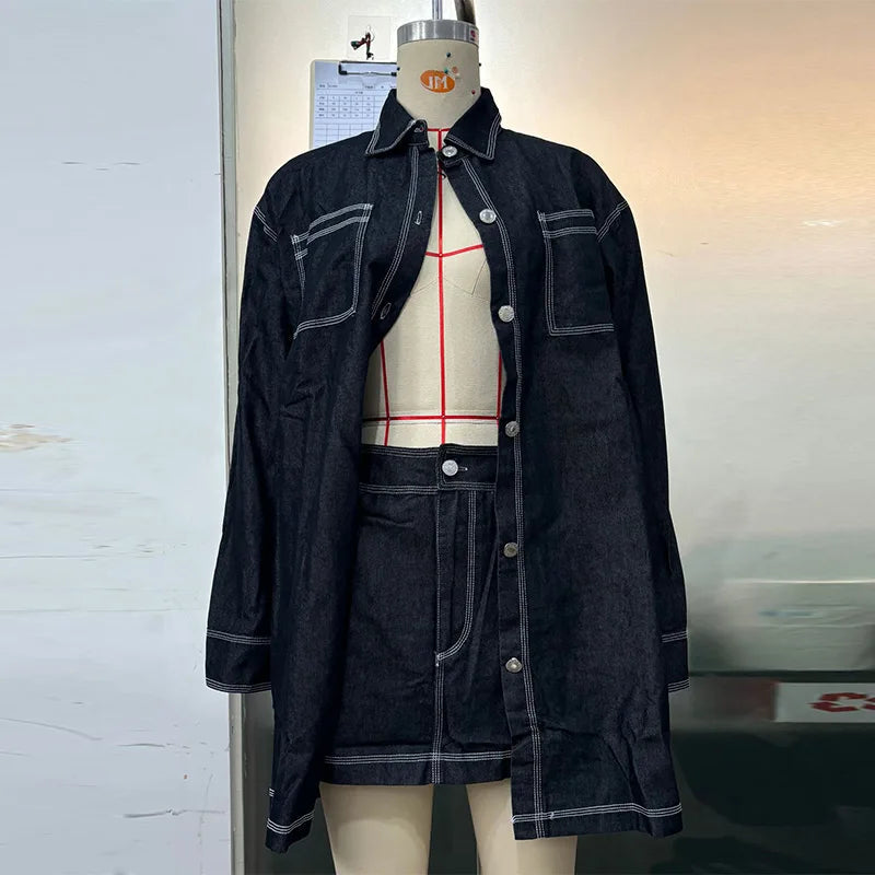 Aiertu  -  Vintage Denim 2 Piece Sets Women's Mini Skirts Polo Collar Long Sleeve Pockets Tops Hip Package Skirt Lady Streetwear Summer Aiertu