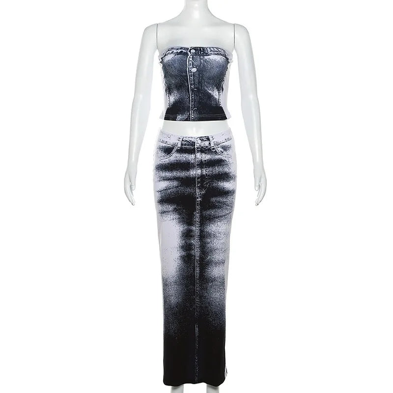 Aiertu  -  Strapless Slim Fit Crop Top, Fashion Camisole, Hip Split Maxi Skirt, Sexy Two Piece Set, Backless Streetwear, Gray Aiertu