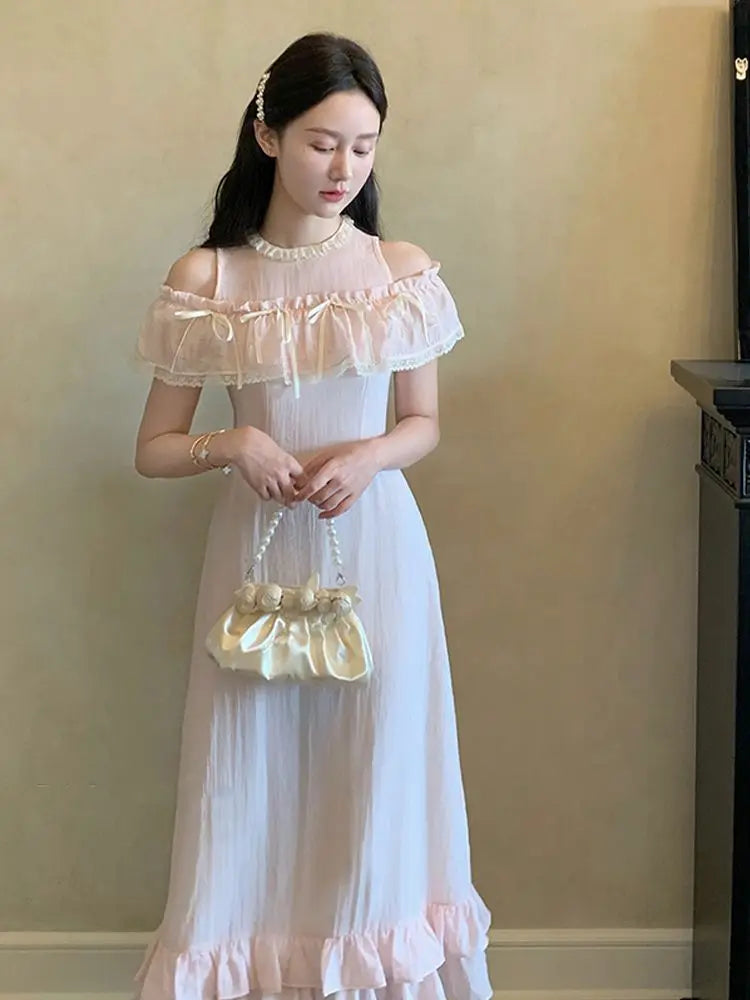 Aiertu  -   summer sweet girls pink long dress lace splicing ruffled off shoulder o neck short sleeve high waist slim a line dresses Aiertu