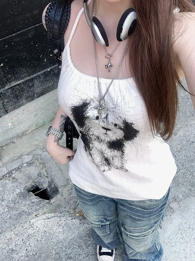 Aiertu  -  Kawaii Cartoon Dog Tank Top Women Streetwear Sleeveless Backless Slim Tops Summer Sexy Halter Lace Up Y2k Tops for Girls Aiertu