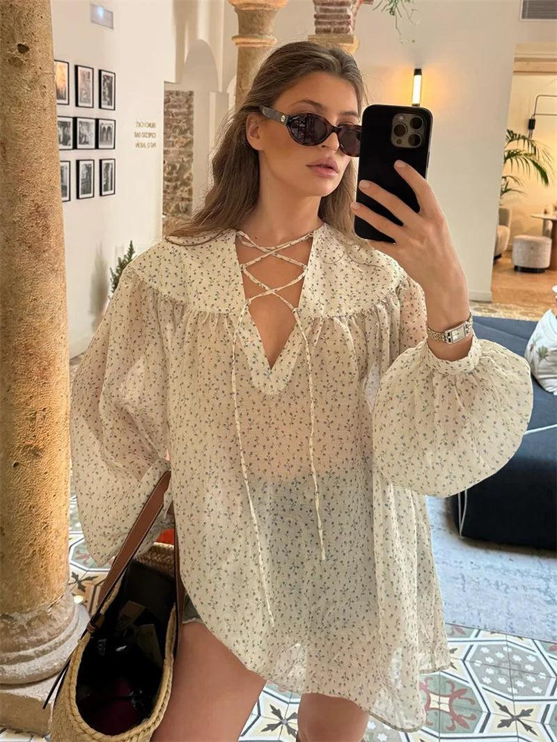 Aiertu  -  V-neck Lantern Sleeve Sexy Print Shirt For Women Elegant Long Sleeve Lace-up Fashion Slim Patchwork Casual 2025 Blouse Aiertu