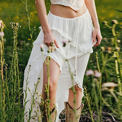 Aiertu  -  Y2K White Trim Midi Skirts Women Split Low Waisted Tie Up Long Skirts Women Fairycore Summer French Skirts Holiday Beach Aiertu
