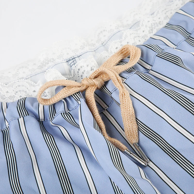 Aiertu  -  Sweet Stripe Lace Patchwork Women Pants Low Waist Drawstring Harajuku Korean Trousers Straight Leg Bottoms Basic New Aiertu