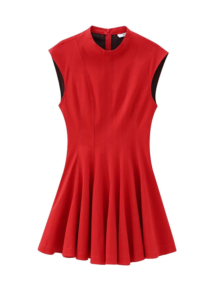 Aiertu  -  Women Fashion Solid Pleated A-Line Back Zipper Mini Dress Vintage O-Neck Sleeveless Female Chic Lady Dresses Aiertu