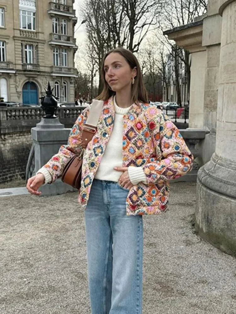 Aiertu  -  Casual Printed Patchwork Women Cotton Jackets Autumn Warm Stand Collar Long Sleeve Single Breasted Coats 2026 Lady Outwear Aiertu
