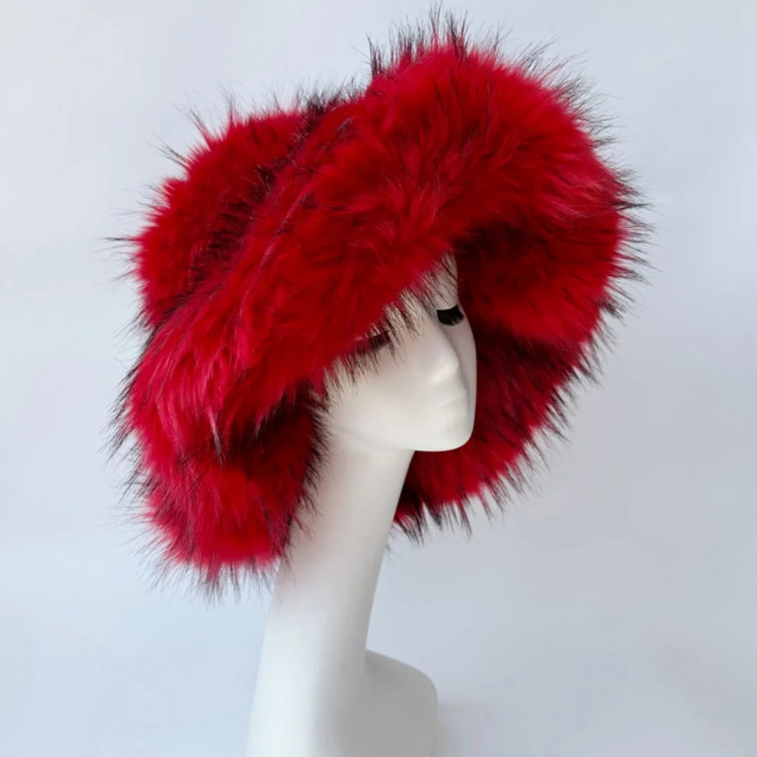 Aiertu  -  Luxury Fluffy Women Faux Fur Bucket Hats Oversized 17cm Wide Brim Thicken Outdoor Warm Plush Punk Hat Girl Y2k Female Ski Panama Aiertu