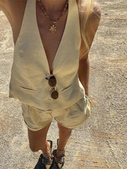 Aiertu  -  Lemon-yellow Halter Vest Short Set Women V-neck Single Breasted Sleeveless Waistcoat Lady Outfit Female Fashion Beachwear Aiertu