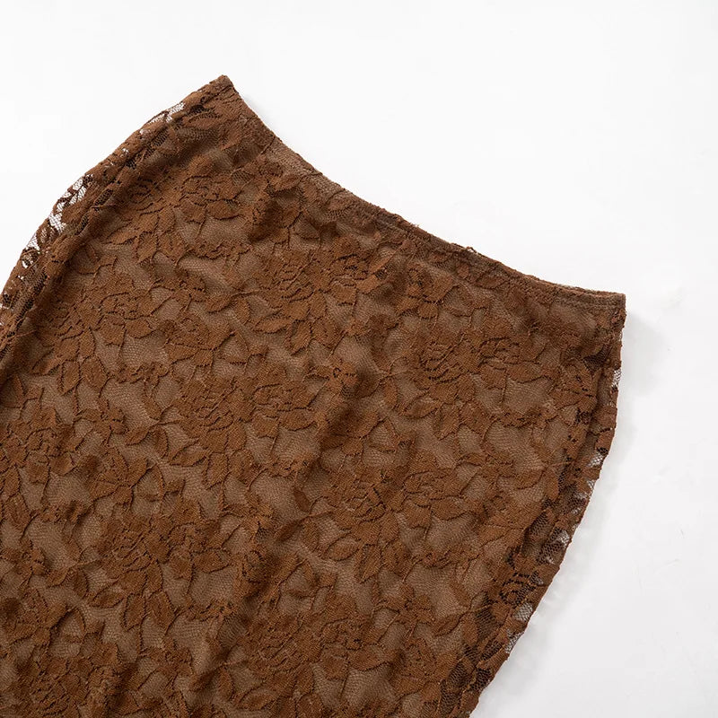 Aiertu  -  New Brown Lace Print High Waist Long Skirt Suit Women Sexy Off Shoulder Slim Short 2 Piece Set Summer New Party Holiday Outfits Aiertu