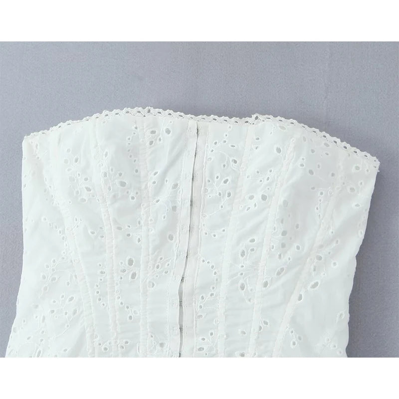 Aiertu  -  Sexy Women Black White Hollow Out Embroidery Strapless Dress Summer Cotton Fit And Flare Party Mini Robe Aiertu