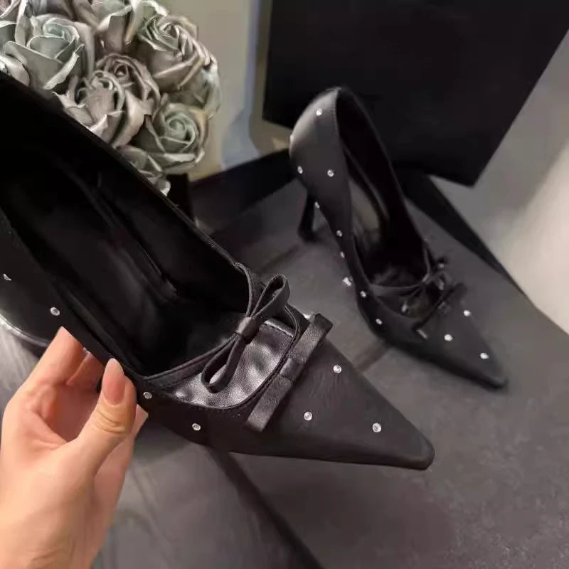 Aiertu    -  New Thin Heel Shallow Mouth Single Shoes Banquet Fashion Bow Pointed Water Diamond Silk High Heels Aiertu