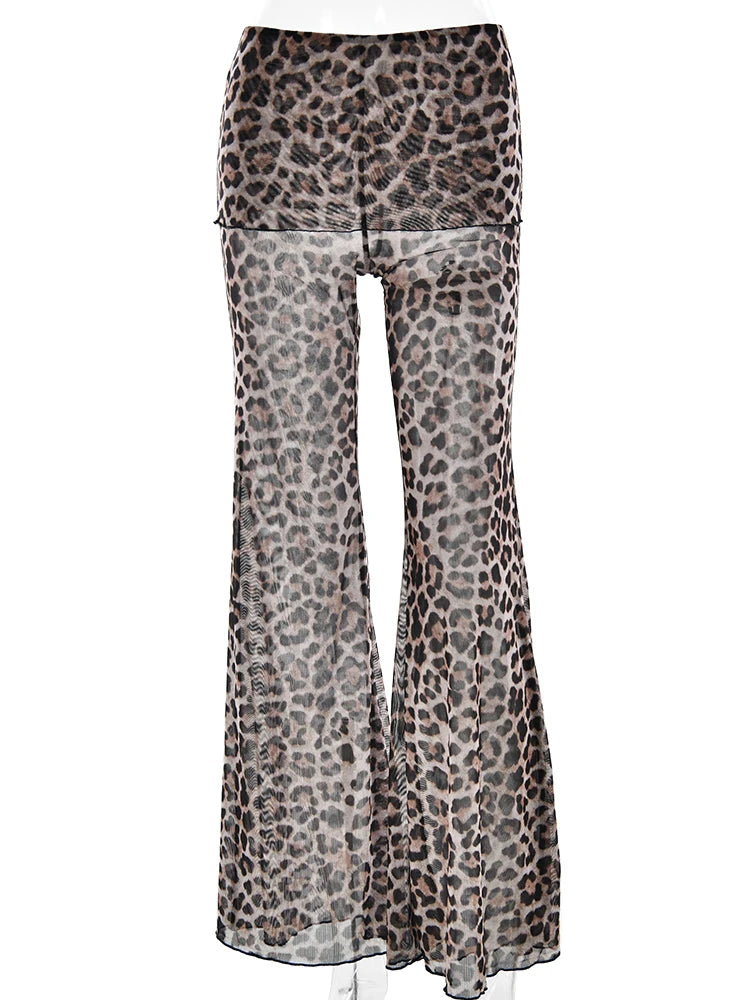 Aiertu  -  Sexy See Through Print Leopard Mesh Women Pant High Waist Flare Pant Female Spring Loose Casual Vacation Party Beachwear Aiertu