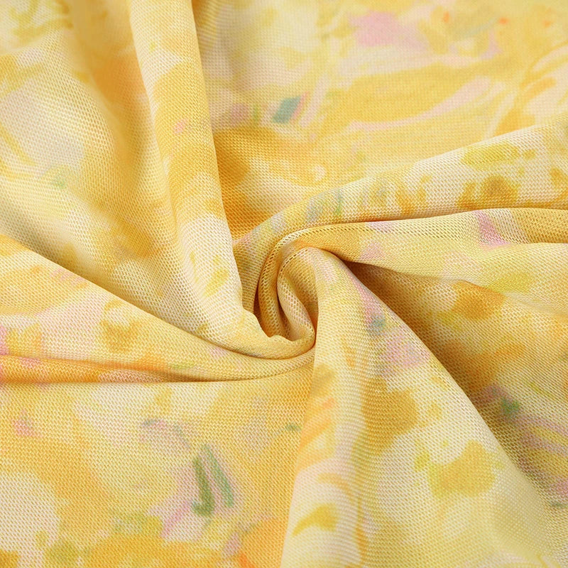 Aiertu  Holiday Style Yellow Flora Prints Women Dress Summer Fashion Design Irregular Ruffles V-Neck Short Frock Aiertu