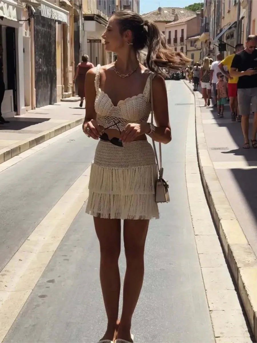 Aiertu  -  Hollow Out Knit Two Piece Set Women Sleeveless Cropped Tank Top+Tassel Mini Skirts Summer Holiday Elegant Sexy Skirts 2025 New Aiertu