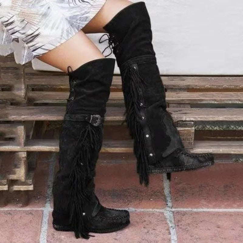 Aiertu    -  Fashion Bohemia Knee-length Women Boots Ethnic Personality High Boots Tassels Faux Suede Boots Girl Flat Bottom Long Botas Mujer Aiertu