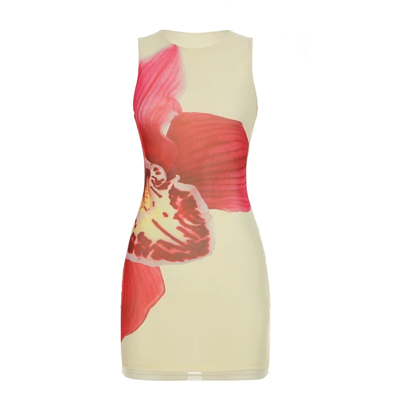 Aiertu  Holiday Floral Bodycon Dress Beach Style Sexy Slim O-Neck Sleeveless Mini Dresses For Women 2025 Summer Fashion Lady Aiertu