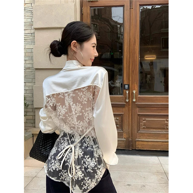 Aiertu  Elegant Shirts Women Vintage Sexy Lace Backless Bandage Blouses Summer Korean Hollow Out Long Sleeve Design Casual Tops Aiertu