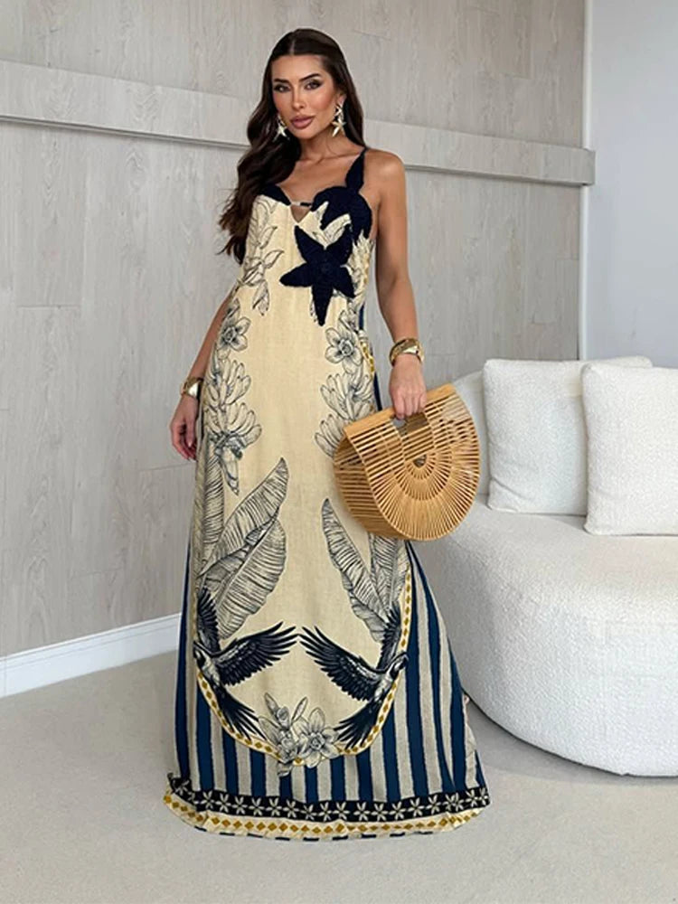 Aiertu  -  Fashion Knitted Star Suspender Maxi Dress For Women Floral Stripe Printed Sling Beach Long Dress Female Chic Vacation Beach Robe Aiertu