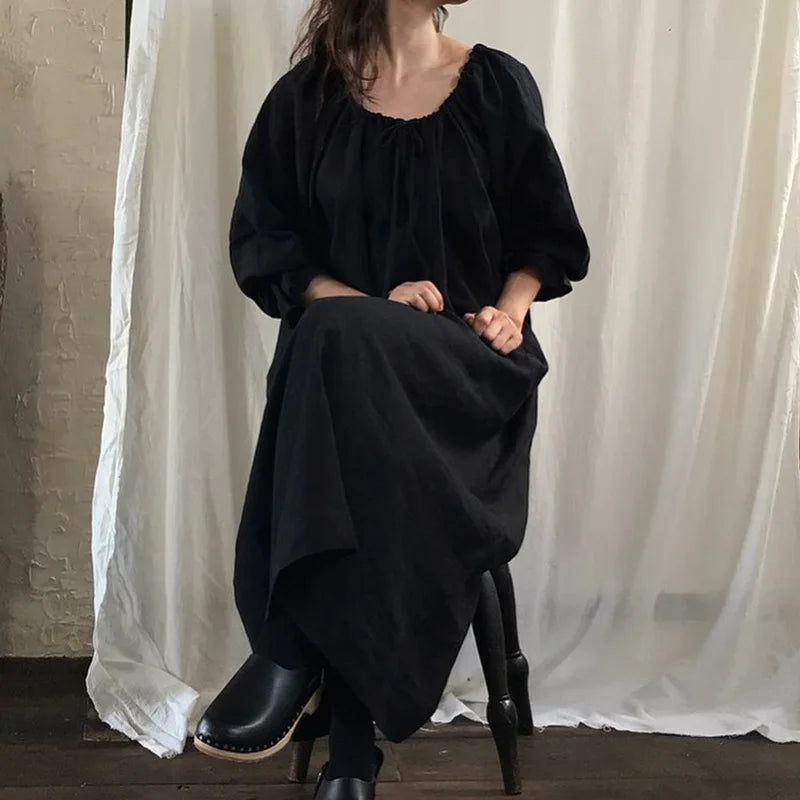 Aiertu  -  2026 New Spring 100% Cotton Dress for Women Solid Long Sleeve Drawstring Office Lady Elegant Maxi Dress Aiertu