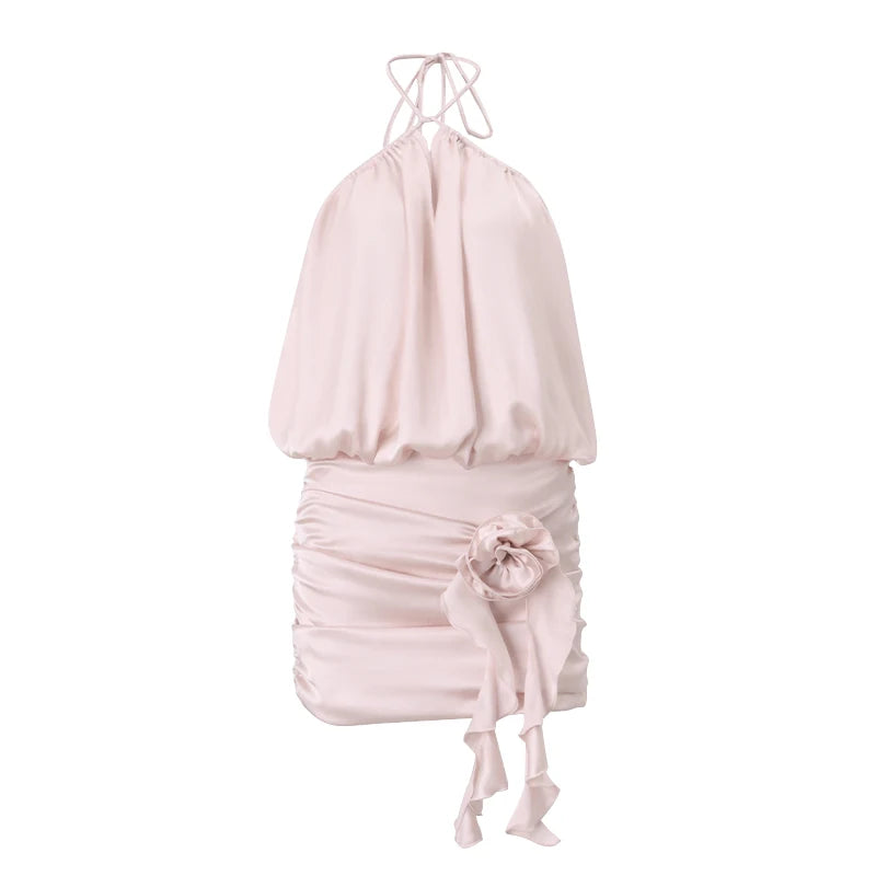Aiertu  Halter 3D Flower Backless Sexy Sleeveless Satin Solid Mini Dress Elegant Spring New Prom Party Evening Women Vestidos Aiertu